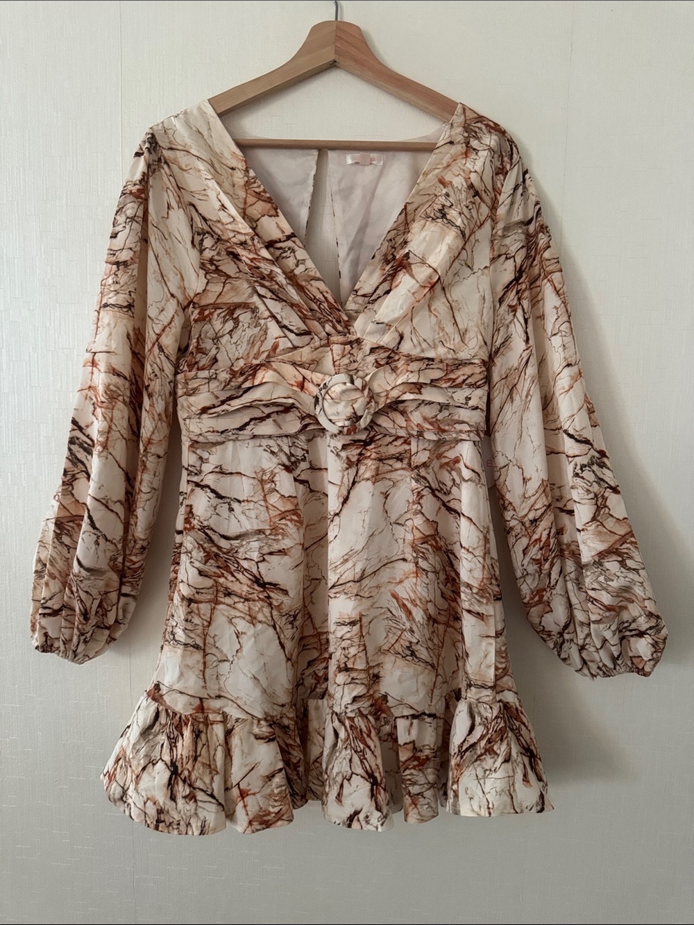 Ivory Marble Print Tunic Dress with Ruffled Hem